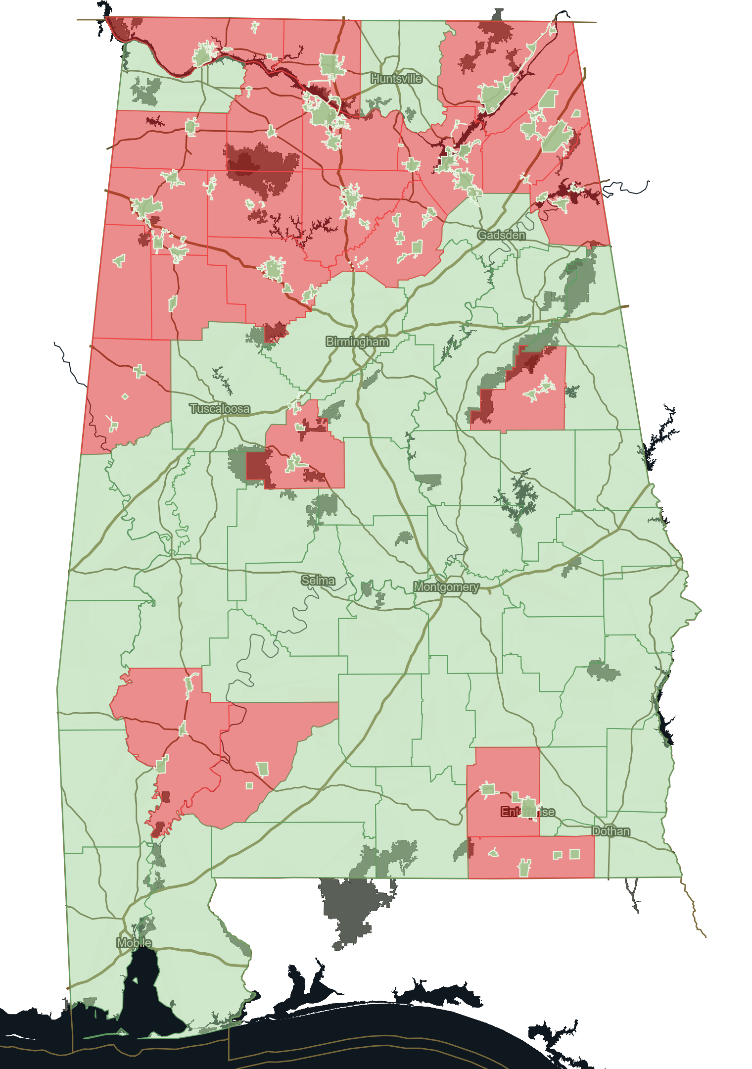Alabama: 44 counties deliverable, 23 blocked by law, with the wet municipalities inside them