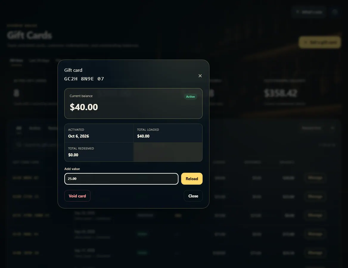 A gift card window: current balance, an Add value box with Reload, and Void card.