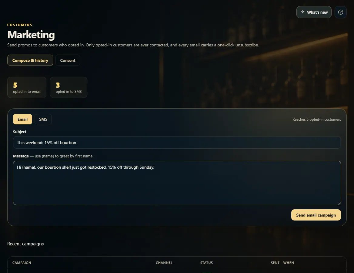 The Marketing Compose tab with Email and SMS buttons, a subject, a message and the send button.
