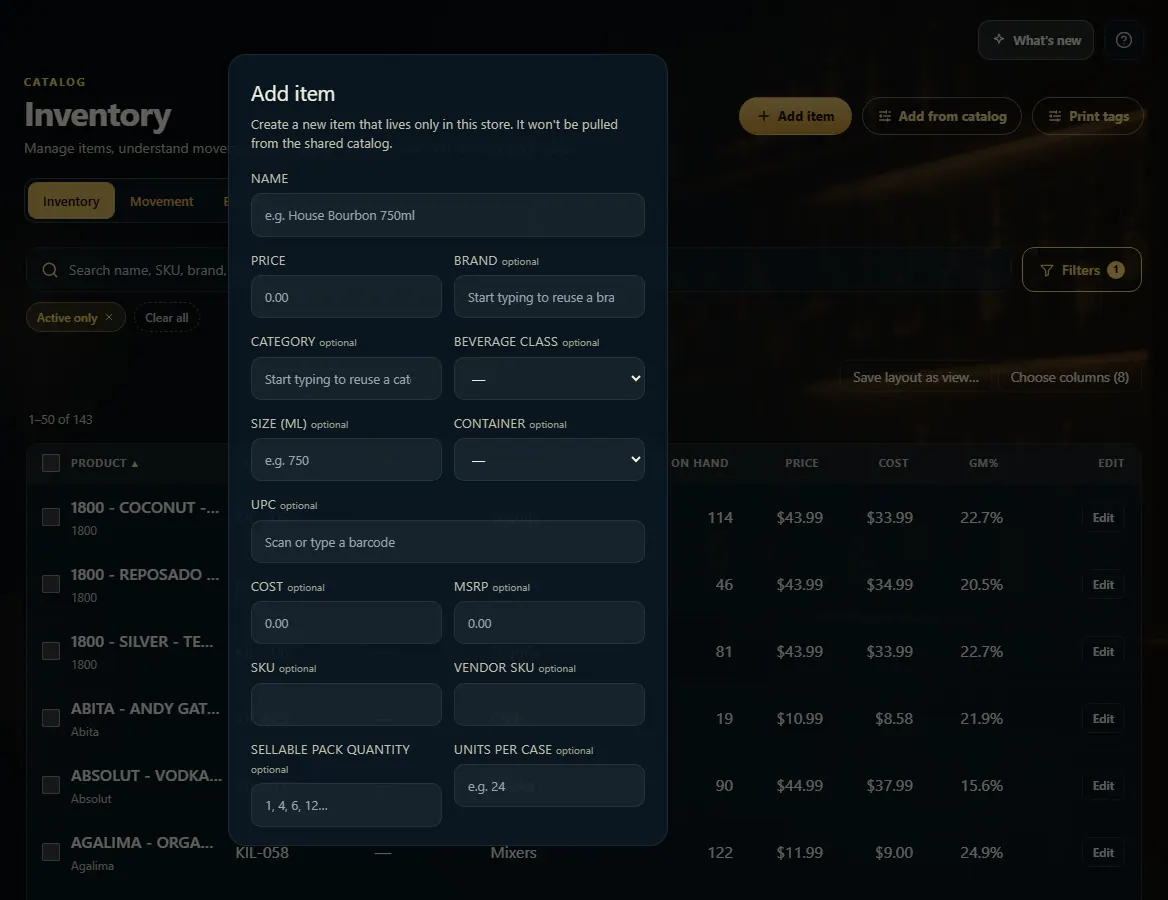 The Add item form with Name, Price, Brand, Category, Size, Container, UPC and Cost fields.