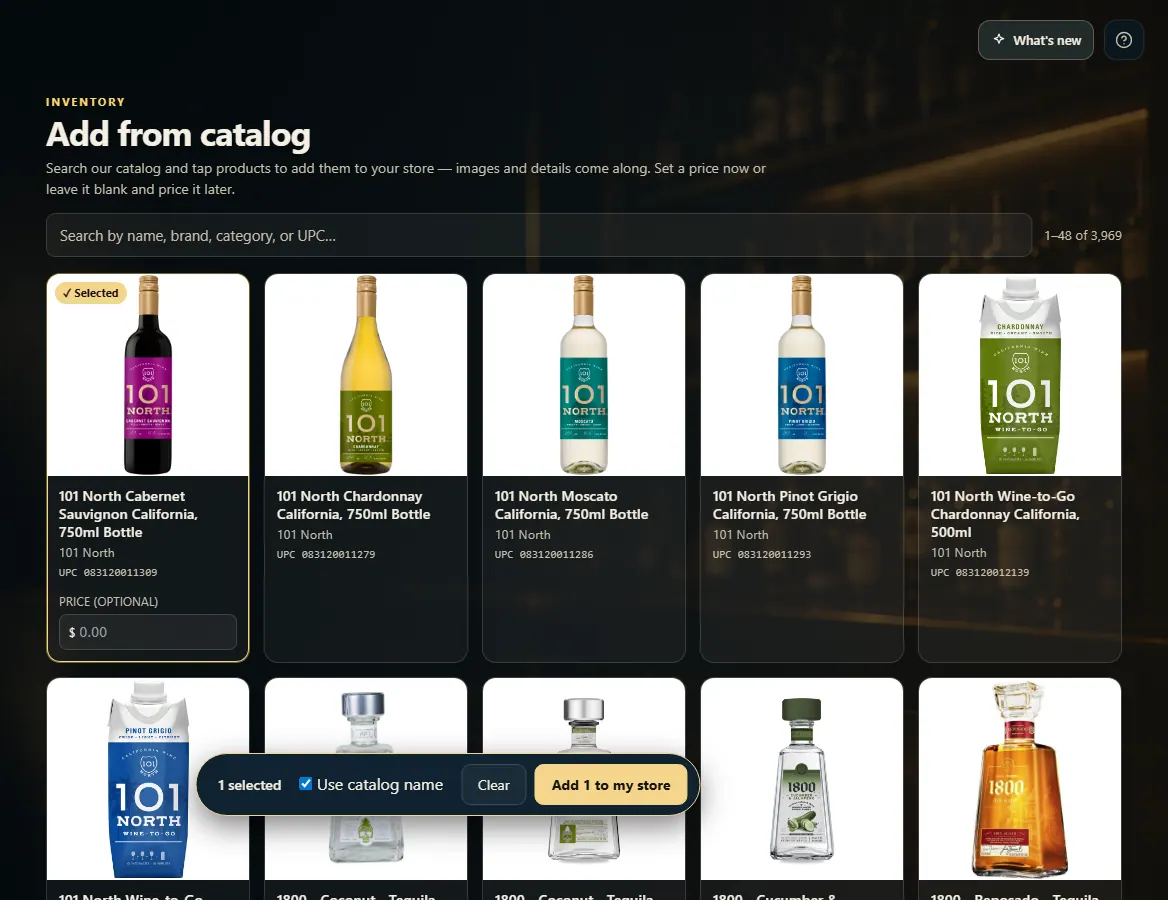 Add from catalog: a search box, a grid of catalog products, one selected, and the add bar.