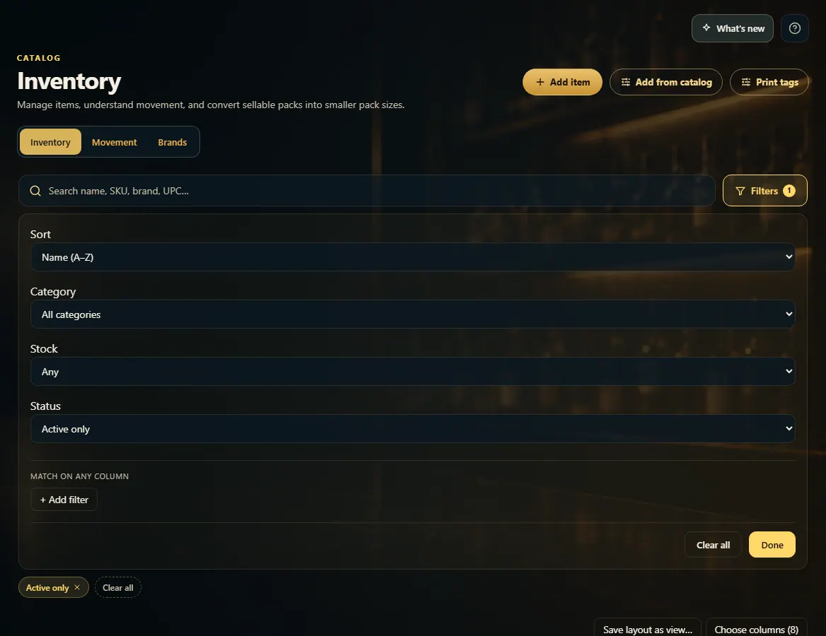 The Inventory Filters panel with Sort, Category, Stock and Status, and column conditions.