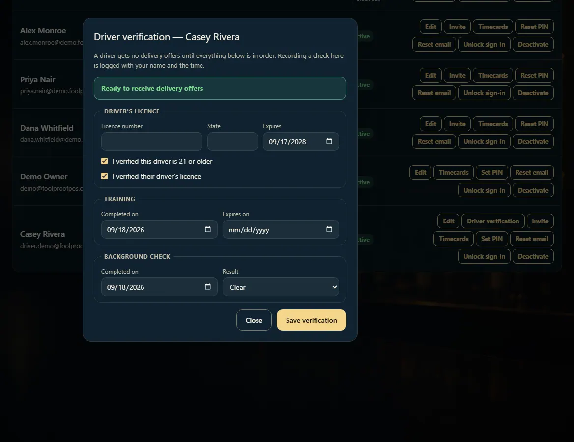 The Driver verification window: licence details, 21+ and licence checks, training, and background check.