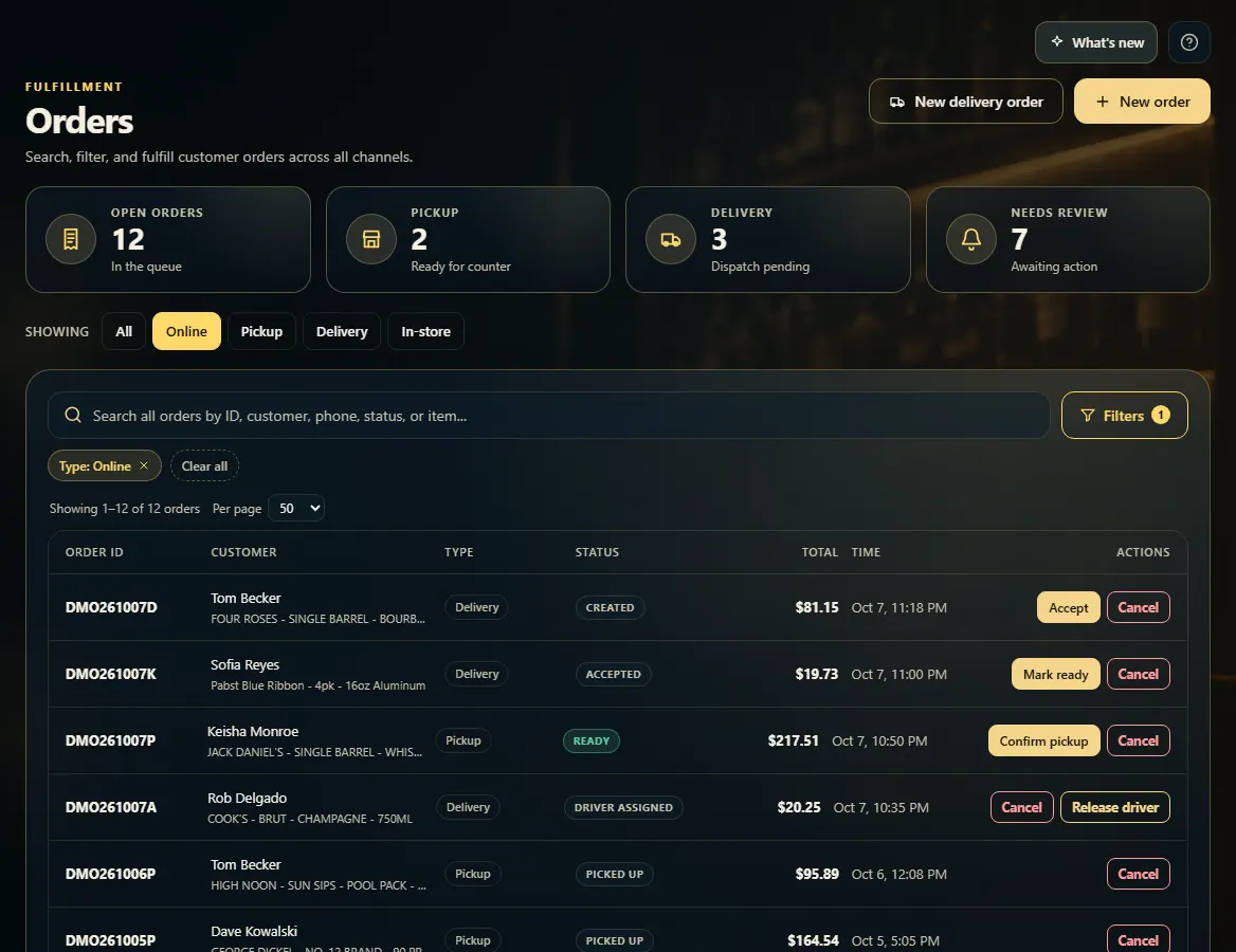 The Orders page with count tiles, channel buttons, a search box, and a list of orders.
