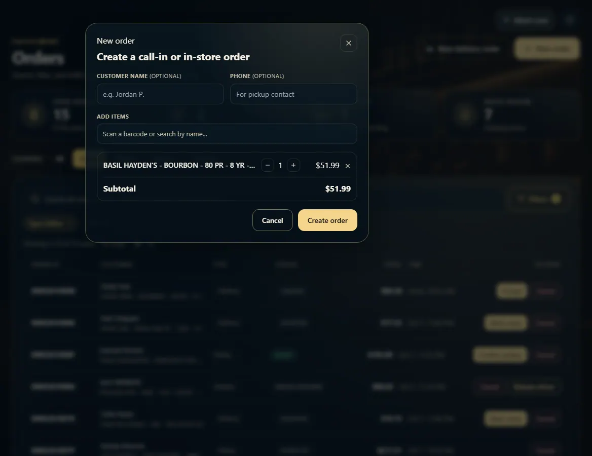 The New order window: customer name and phone, an item search box, and the items added so far.