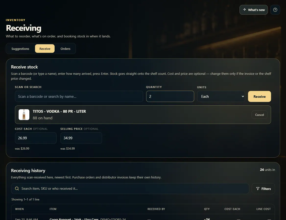 The Receive tab with an item picked, a quantity of 2, the Units picker and Receive.
