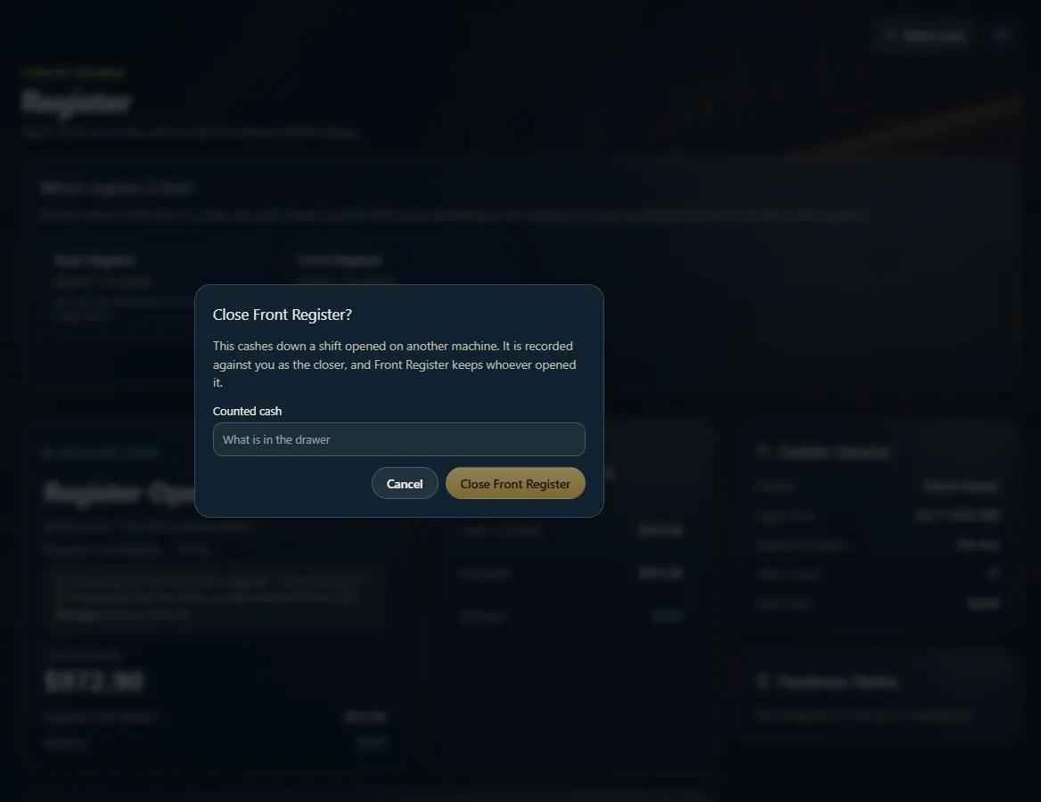 The Close Front Register? box with the Counted cash field and the confirm button.