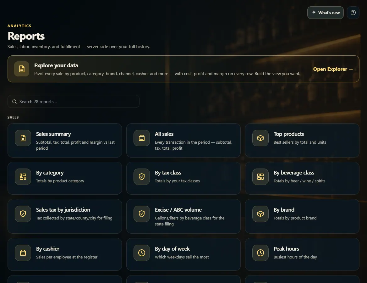The Reports page: the Explore your data banner, a report search box, and report cards.