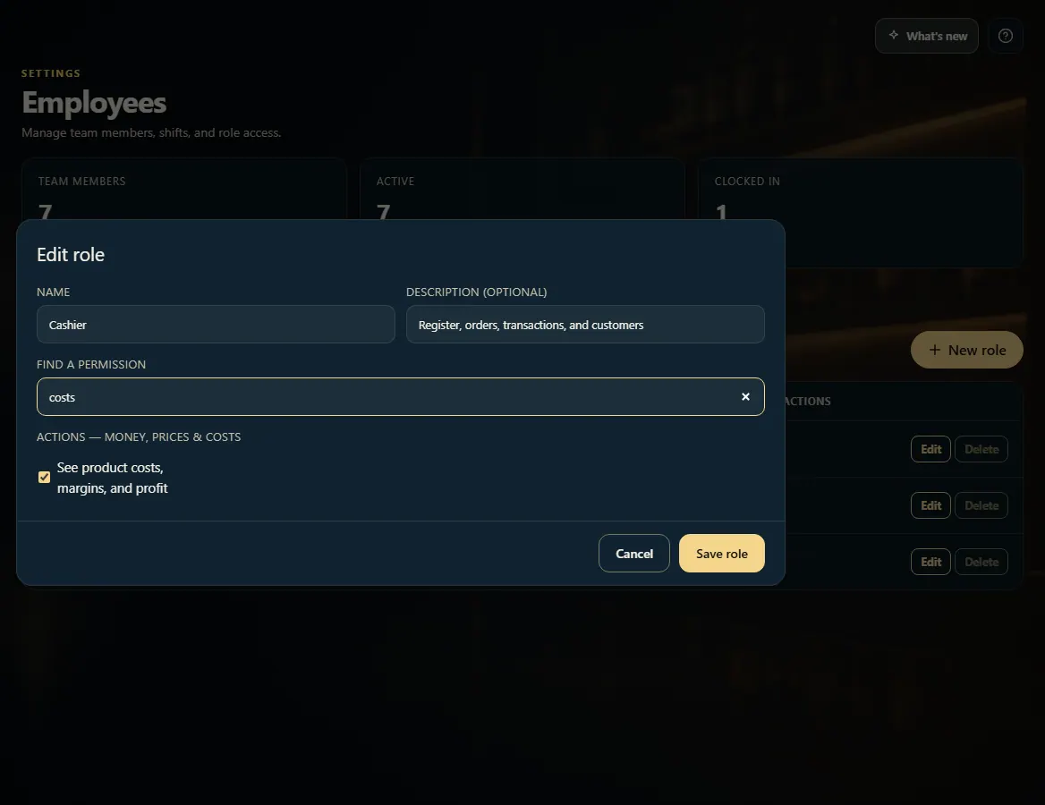The Edit role window filtered to costs, showing the See product costs, margins, and profit box.