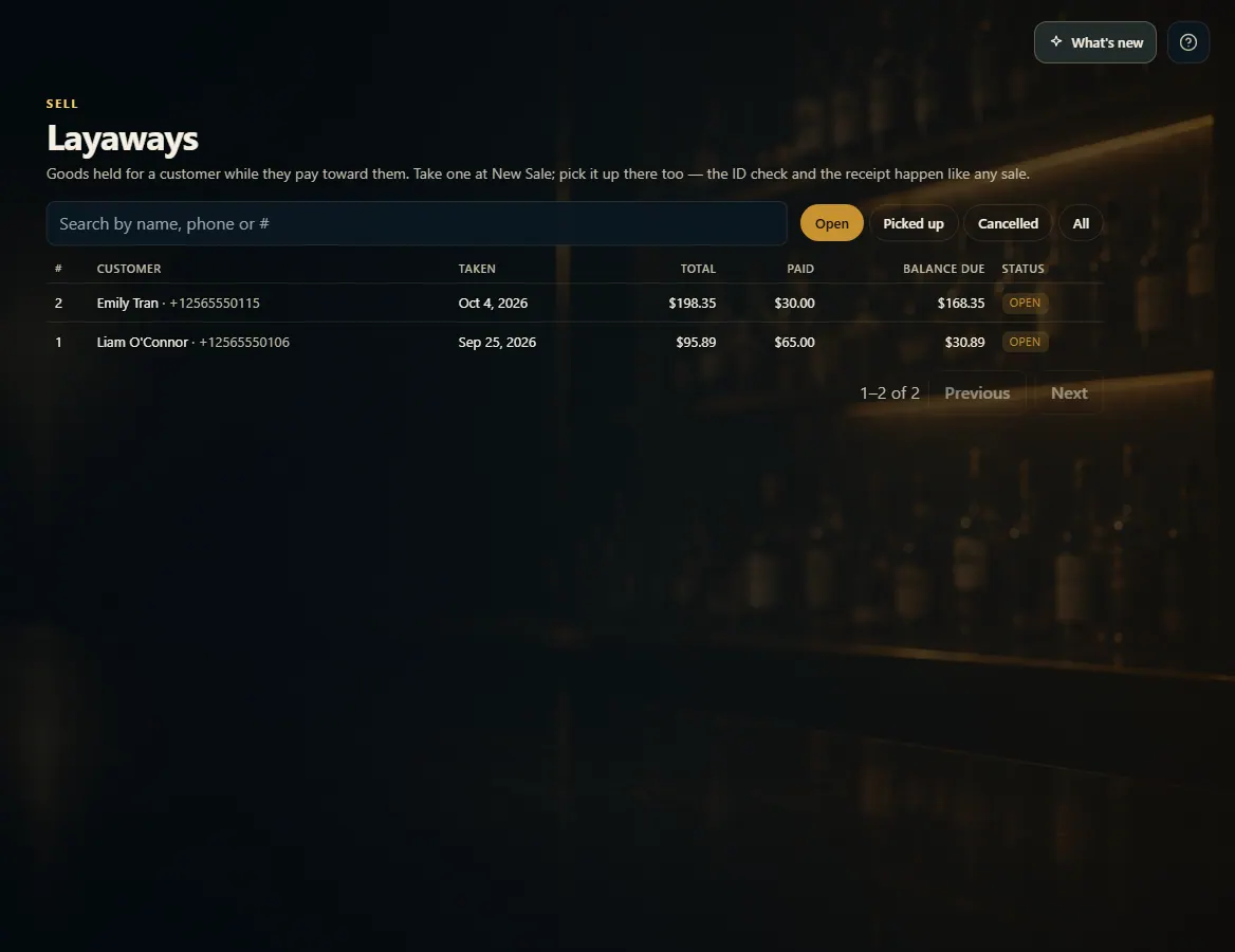 The Layaways list with search, status filters and open layaways.