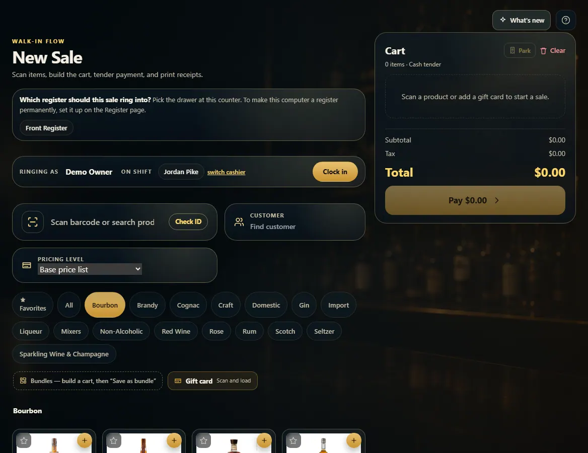 New Sale with the scan and search box, category chips and product tiles.