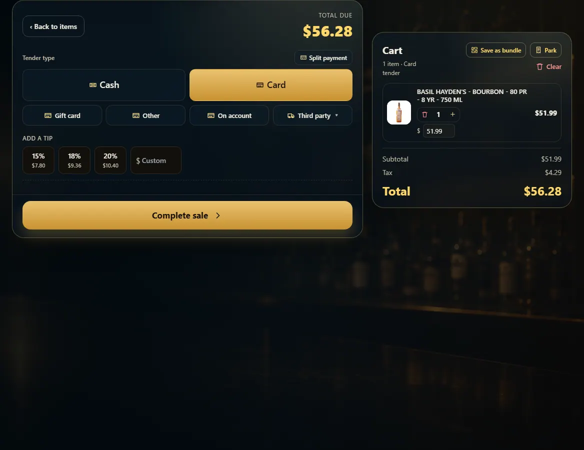 The payment panel with Card picked and the Complete sale button.