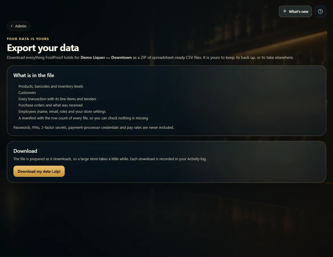 Export your data, listing what is in the file, with the Download my data button.
