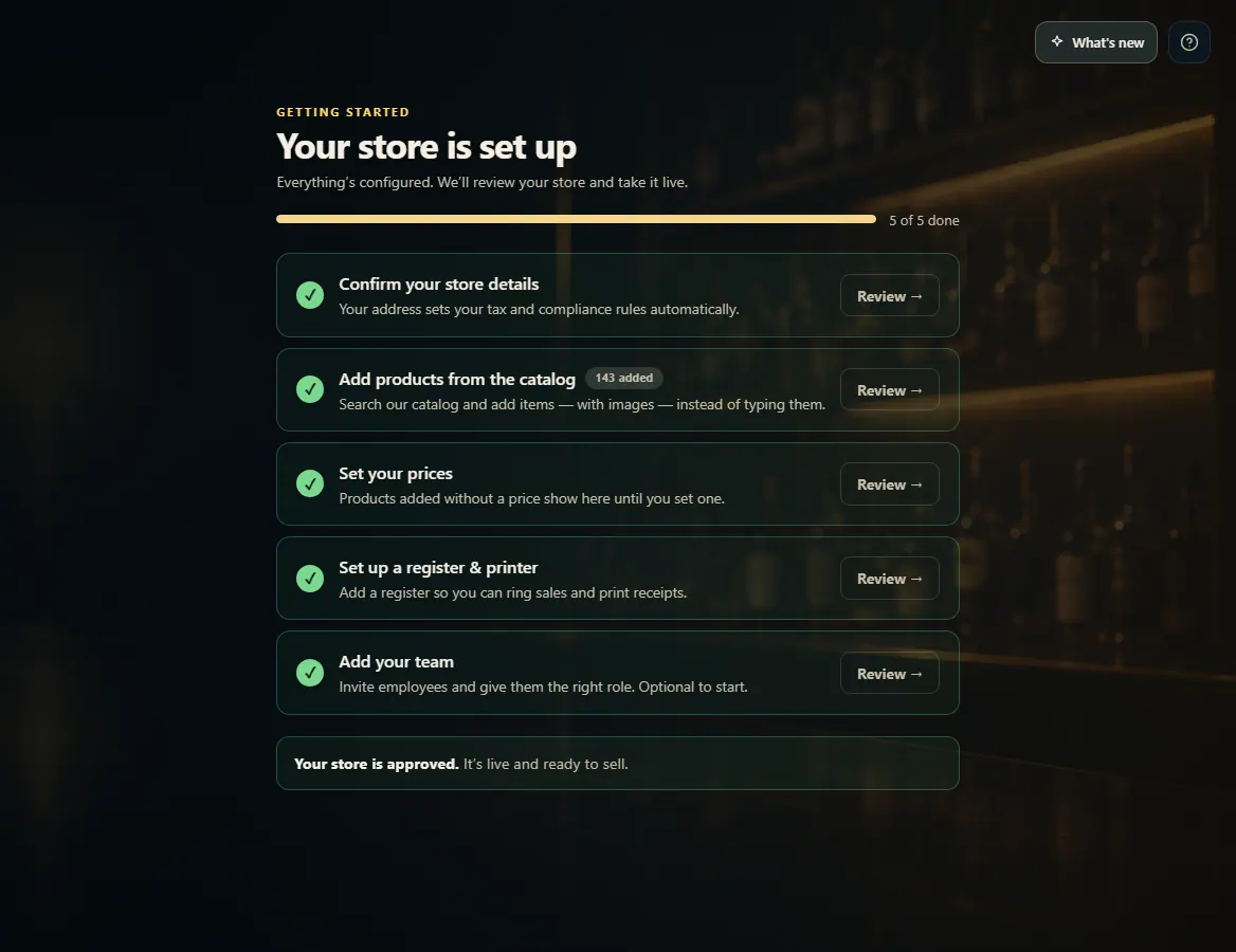 The Setup page with five steps, each with a Review button.