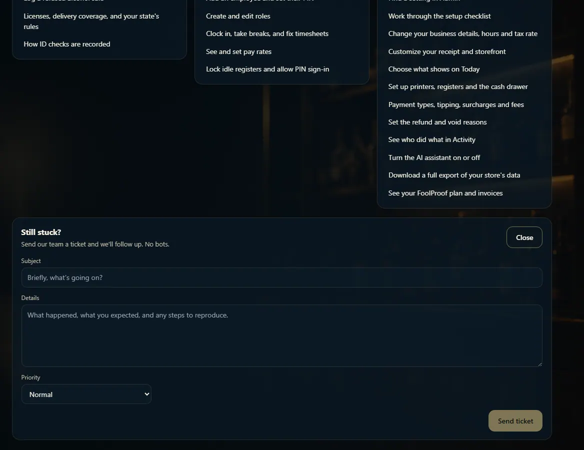 The Contact support form with Subject, Details, Priority and Send ticket.