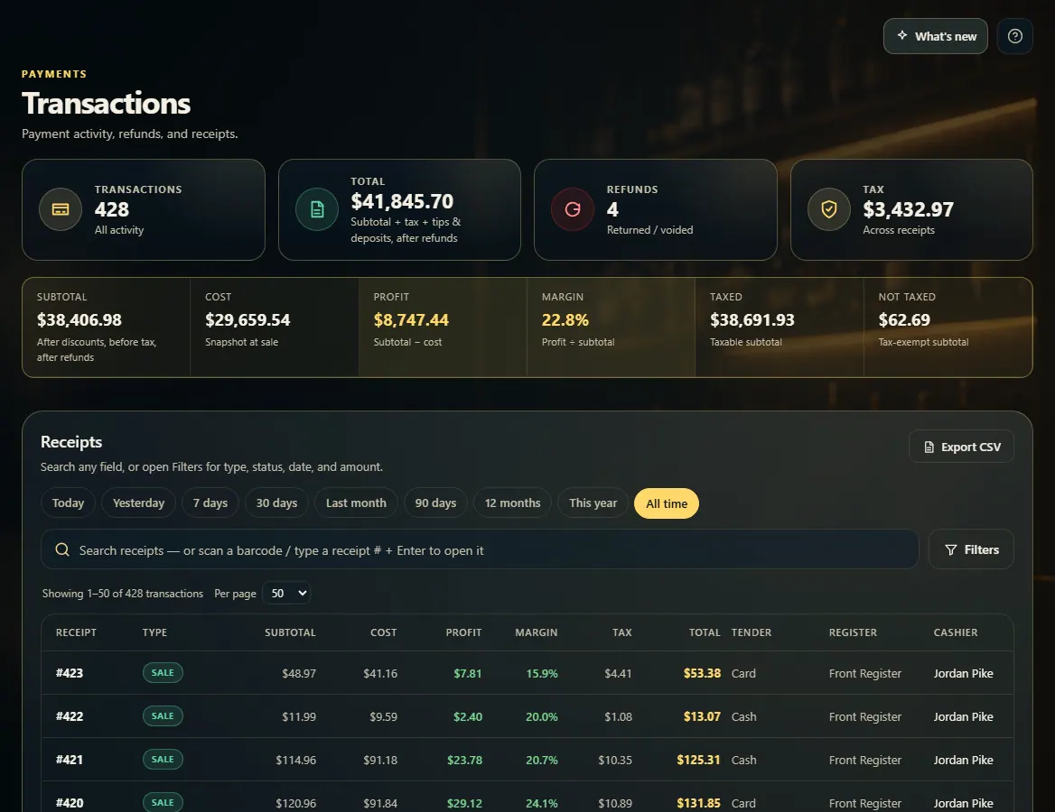 The Transactions page with date-range buttons and the receipt search box.
